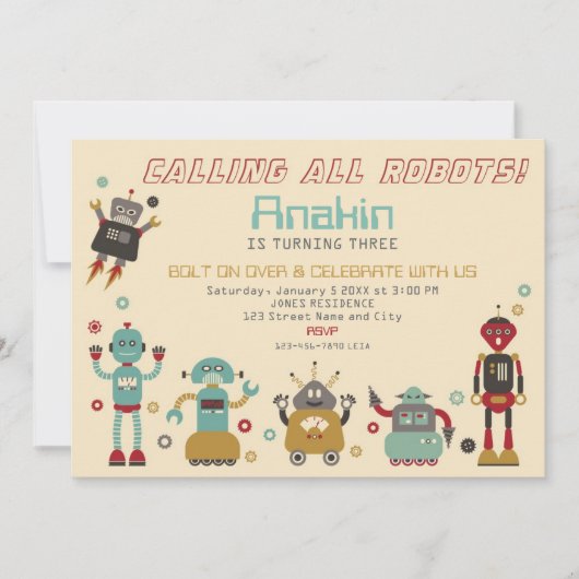 Retro Robot Party Birthday Invitation Kaart (Voorkant)