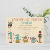 Retro Robot Party Birthday Invitation Kaart (Staand voorkant)