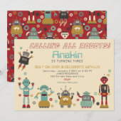 Retro Robot Party Birthday Invitation Kaart (Voorkant / Achterkant)