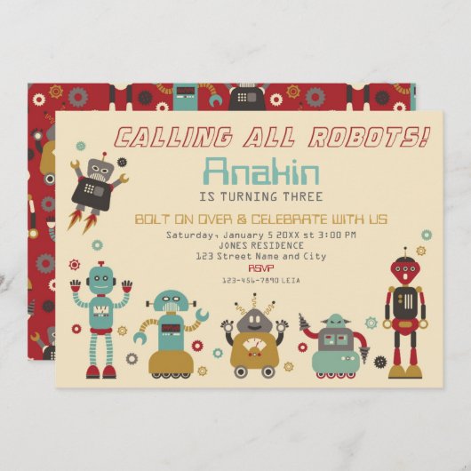 Retro Robot Party Birthday Invitation Kaart (Voorkant / Achterkant)