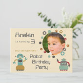 Retro Robot Party Birthday Photo Invitation Kaart (Staand voorkant)