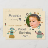 Retro Robot Party Birthday Photo Invitation Kaart (Voorkant / Achterkant)