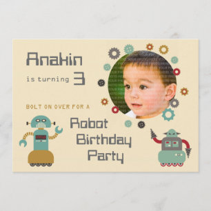 Retro Robot Party Birthday Photo Invitation Kaart