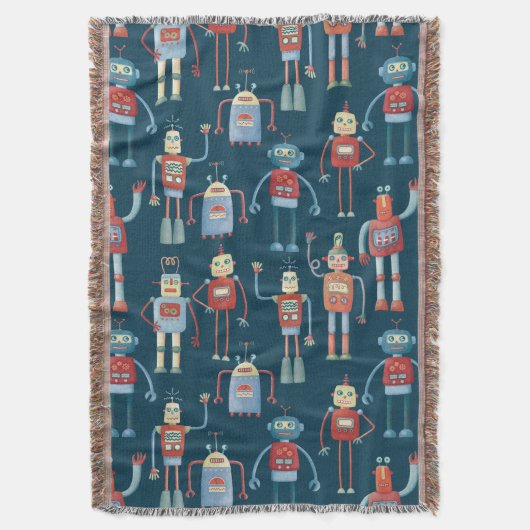 Retro Robot Pattern Donker Deken (Voorkant Verticaal)