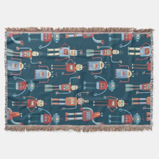 Retro Robot Pattern Donker Deken (Voorkant)
