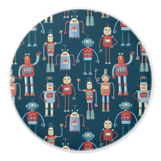 Retro Robot Pattern Donker Keramische Knop (Voorkant)