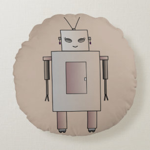 Retro Robot Schattige Meisje Hottie Whimsical Rond Kussen