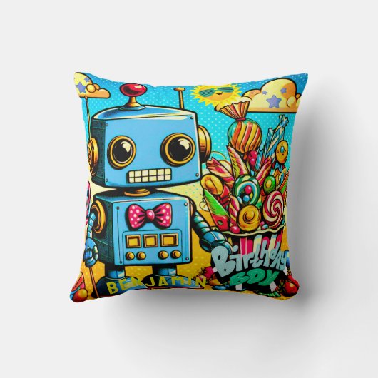 Retro Robot Verjaardagsjongen aanpasbaar Kussen (Achterkant)