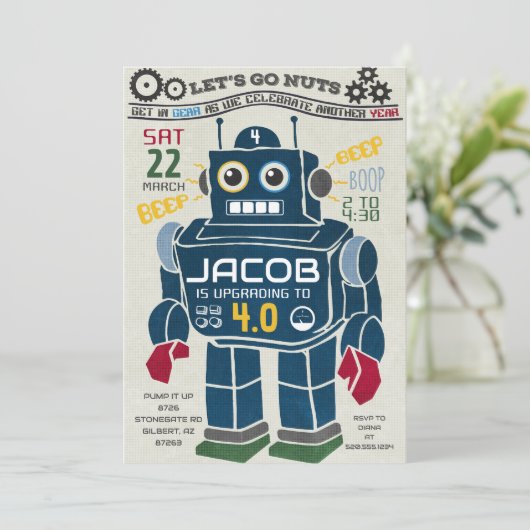 Retro  Robot Verjaardagsuitnodiging Kaart (Staand voorkant)