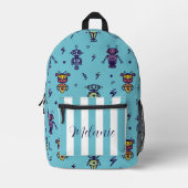 Retro Robotic Robots Kleurrijke Blauwe Naam Bedrukte Rugzak (Voorkant)