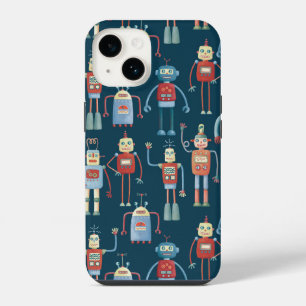 Retro Robotpatroon Donker iPhone 14 Hoesje