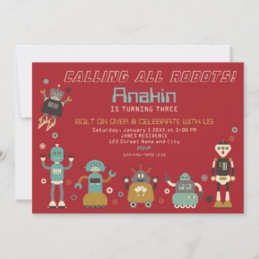 Retro Robots Birthday Party Invitation Kaart (Voorkant)
