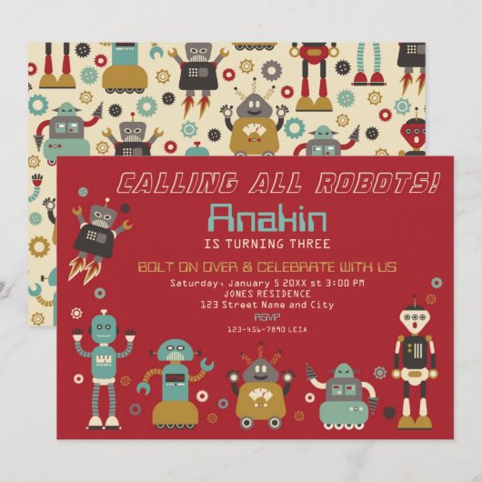 Retro Robots Birthday Party Invitation Kaart (Voorkant / Achterkant)
