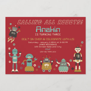 Retro Robots Birthday Party Invitation Kaart