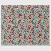Retro Robots Blauw en Rood Patroon Cadeaupapier (Vlak)