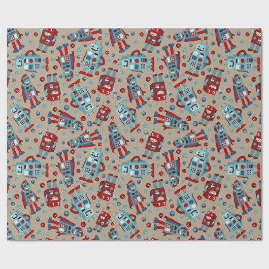 Retro Robots Blauw en Rood Patroon Cadeaupapier (Vlak)