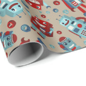 Retro Robots Blauw en Rood Patroon Cadeaupapier (Rol Hoek)