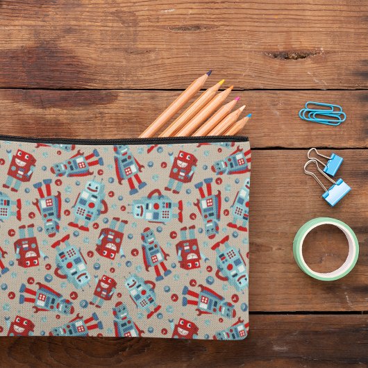 Retro Robots Blauw en Rood Patroon Etui