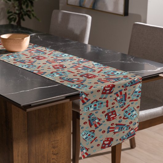 Retro Robots Blauw en Rood Patroon Korte Tafelloper