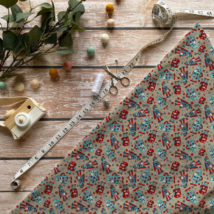 Retro Robots Blauw en Rood Patroon Stof