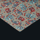 Retro Robots Blauw en Rood Patroon Tissuepapier<br><div class="desc">Illustraties van schattige  robotjes in de kleuren rood en blauw,  samen met enkele coördinerende moeren,  zijn geplaatst tegen een bruine achtergrond op dit pattereerde tissuepapier. Voeg een retro sci-fi touch toe aan geschenken en meer.</div>