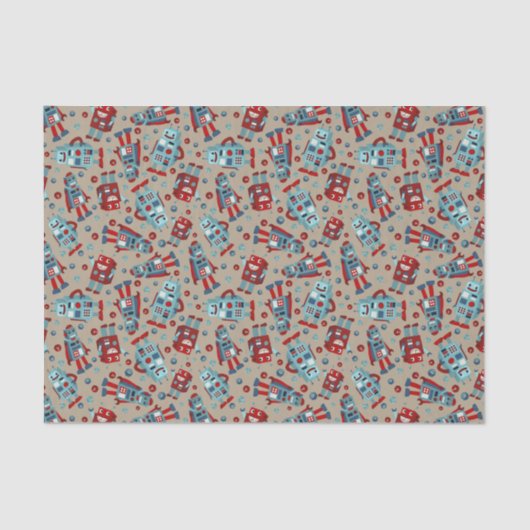 Retro Robots Blauw en Rood Patroon Tissuepapier (Voorkant)