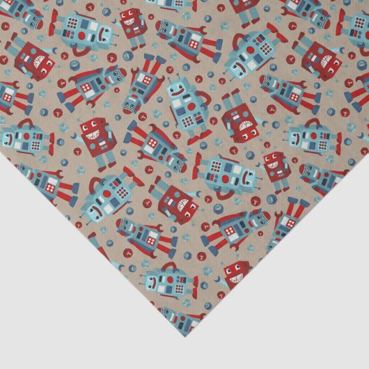 Retro Robots Blauw en Rood Patroon Tissuepapier (Detail)