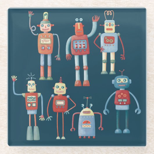 Retro robots glazen onderzetter (Voorkant)