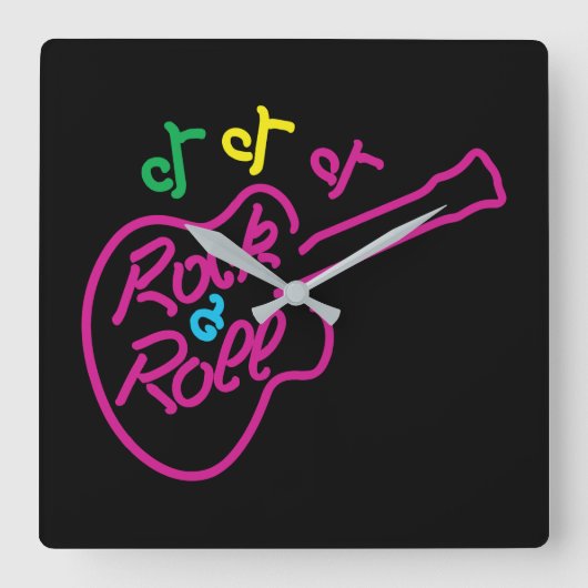 Retro Rock en Roll Neon Sign Guitar en Notes Vierkante Klok (Voorkant)