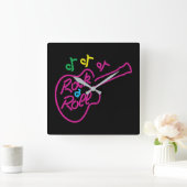 Retro Rock en Roll Neon Sign Guitar en Notes Vierkante Klok (Huis)
