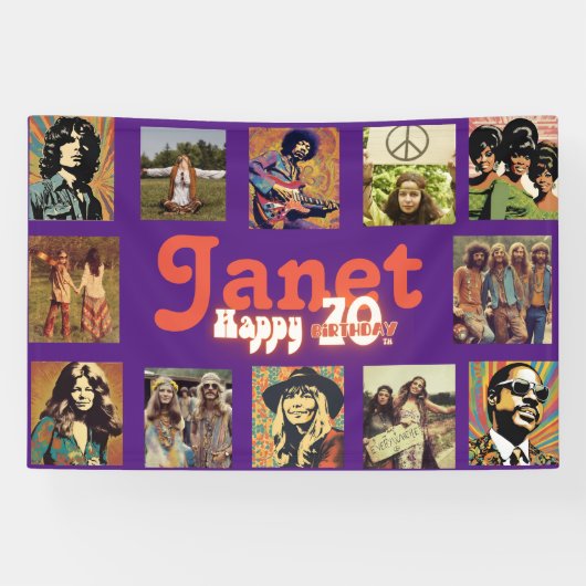 Retro Rock Fotosjabloon 70e Verjaardag Spandoek (Horizontaal)
