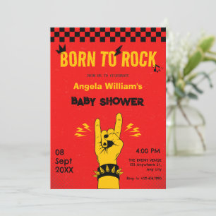 Retro rock muziek rood geel baby shower kaart