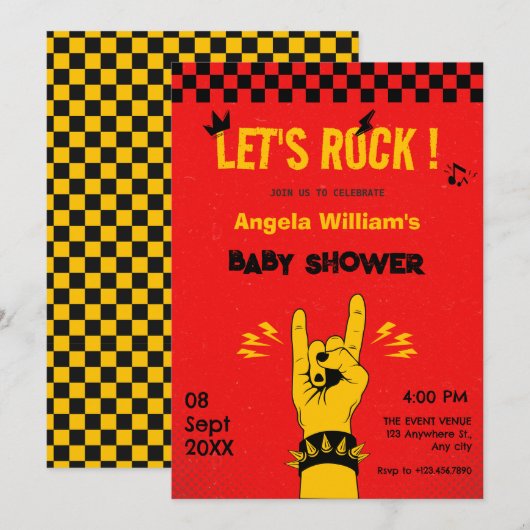 Retro rock muziek rood geel verjaardag kaart (Voorkant / Achterkant)