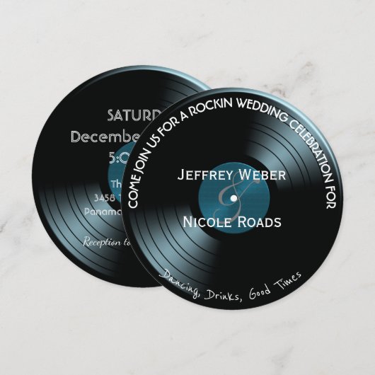 Retro Rock n Roll Vinyl Record Wedding Invitation Kaart (Voorkant / Achterkant)