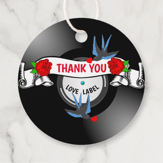 Retro Rockabilly Hearts & Rozen Vinyl Record Stijl Bedankjes Labels (Achterkant)