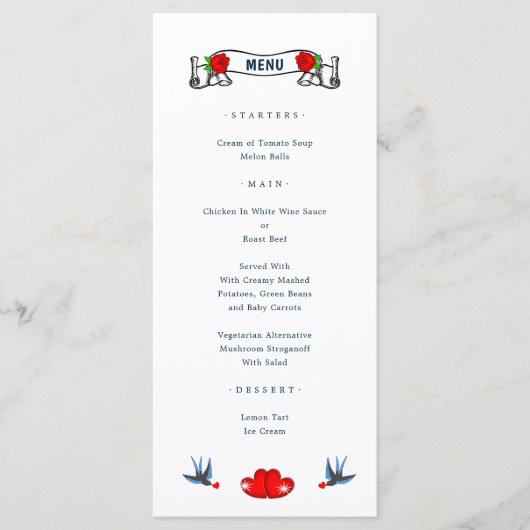 Retro Rockabilly Hearts Wedding Menu (Voorkant)