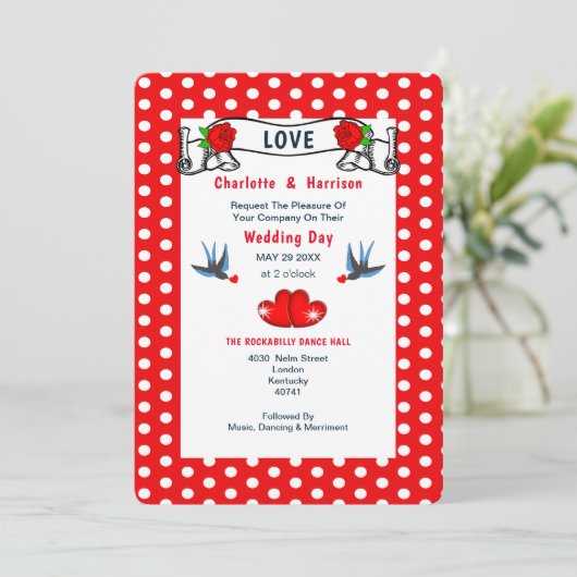 Retro Rockabilly Polka Dot Wedding Kaart (Staand voorkant)