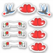 Retro Rockabilly Swallows Harten & Rozen Sticker (Voorkant)