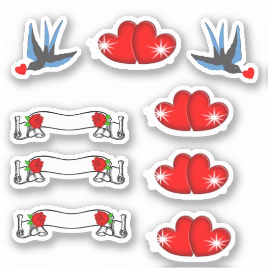 Retro Rockabilly Swallows Harten & Rozen Sticker (Voorkant)