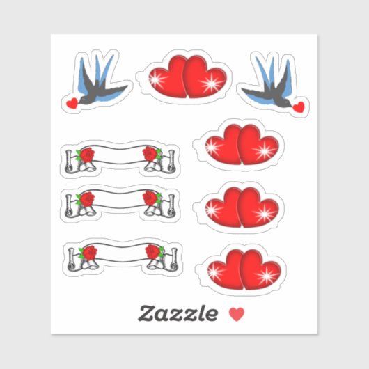 Retro Rockabilly Swallows Harten & Rozen Sticker (Vel)