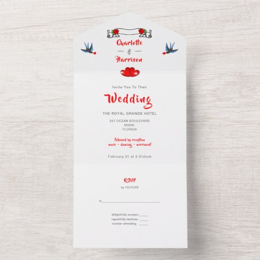 Retro Rockabilly uit 1950 legante vogels en harten All In One Uitnodiging (Binnen)