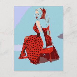 Retro Rocker Lady in Polka Dot Dress Briefkaart