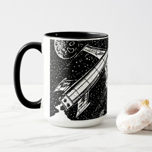 Retro Rocket Mok – Kosmisch Cool in Zwart & Wit (Met donut)