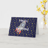 Retro Rocket Ship and Stars Happy Birthday Kaart (Gele Bloem)