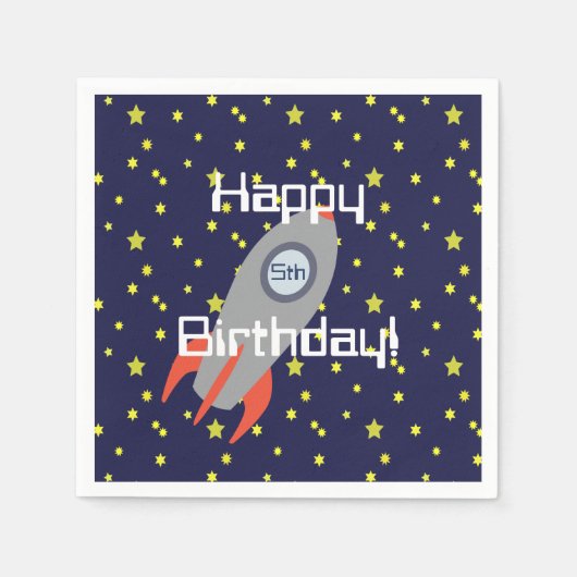 Retro Rocket Ship and Stars Happy Birthday Servet (Voorkant)