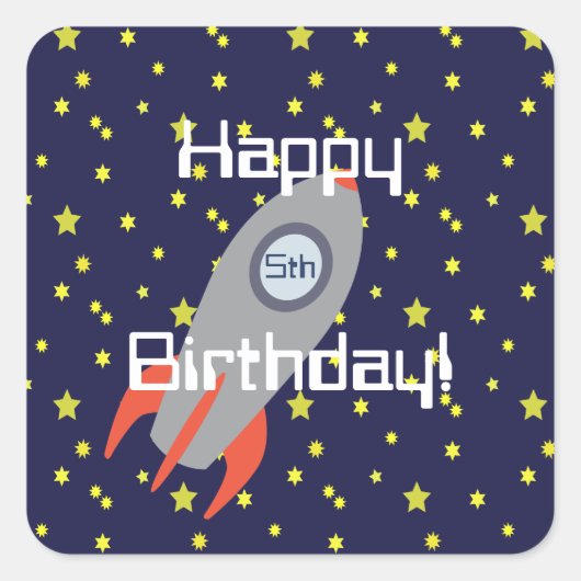 Retro Rocket Ship and Stars Happy Birthday Vierkante Sticker (Voorkant)