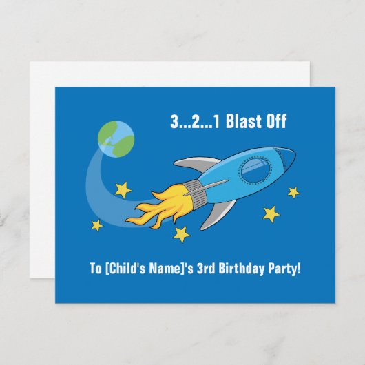 Retro Rocket Ship Birthday Invite Kaart (Voorkant / Achterkant)