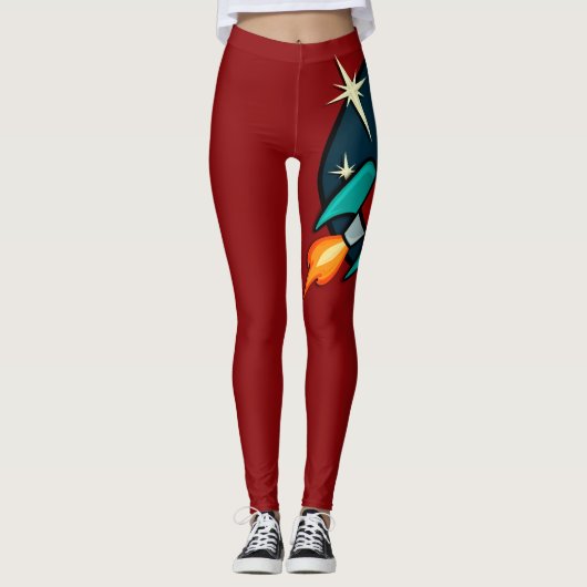 RETRO ROCKET SHIP GRAPHIC RED LEGGINGS (Voorkant)