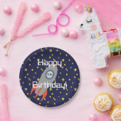 Retro Rocket Ship Happy Birthday Papieren Bordje (Feest)