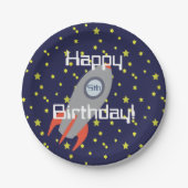 Retro Rocket Ship Happy Birthday Papieren Bordje (Voorkant)